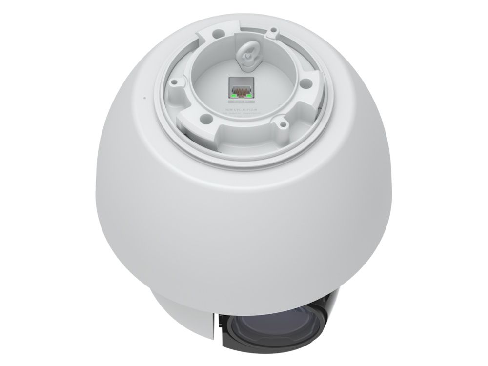 Bovenkant en aansluiting van de Ubiquiti AI PTZ Industrial IP-camera (AI PTZ-W) met 4K resolutie en AI en 22x optische zoom