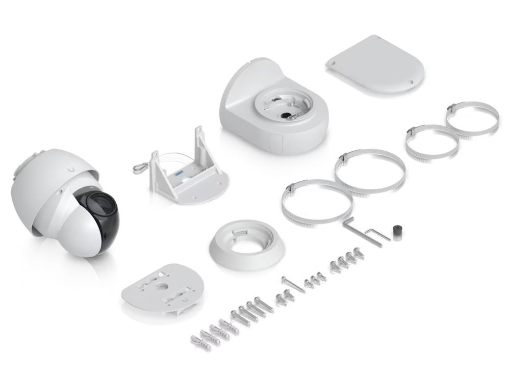 Verpakkingsinhoud van de Ubiquiti AI PTZ Industrial IP-camera (AI PTZ-W) met paalmontagebeugel en meurbeugel en tafelstandaard en montagemateriaal zoals pluggen en schroeven
