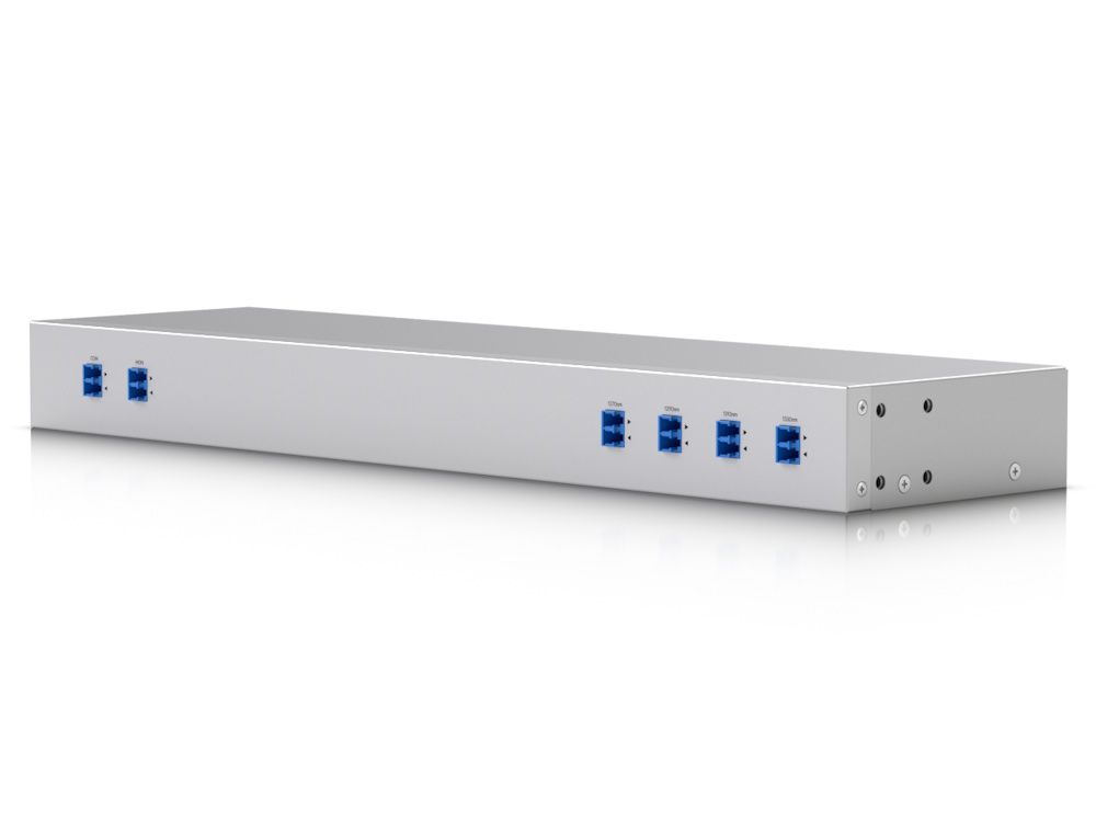 Zijkant en voorkant van de Ubiquiti CWDM Mux Demux 4 (UACC-CWDM-4)