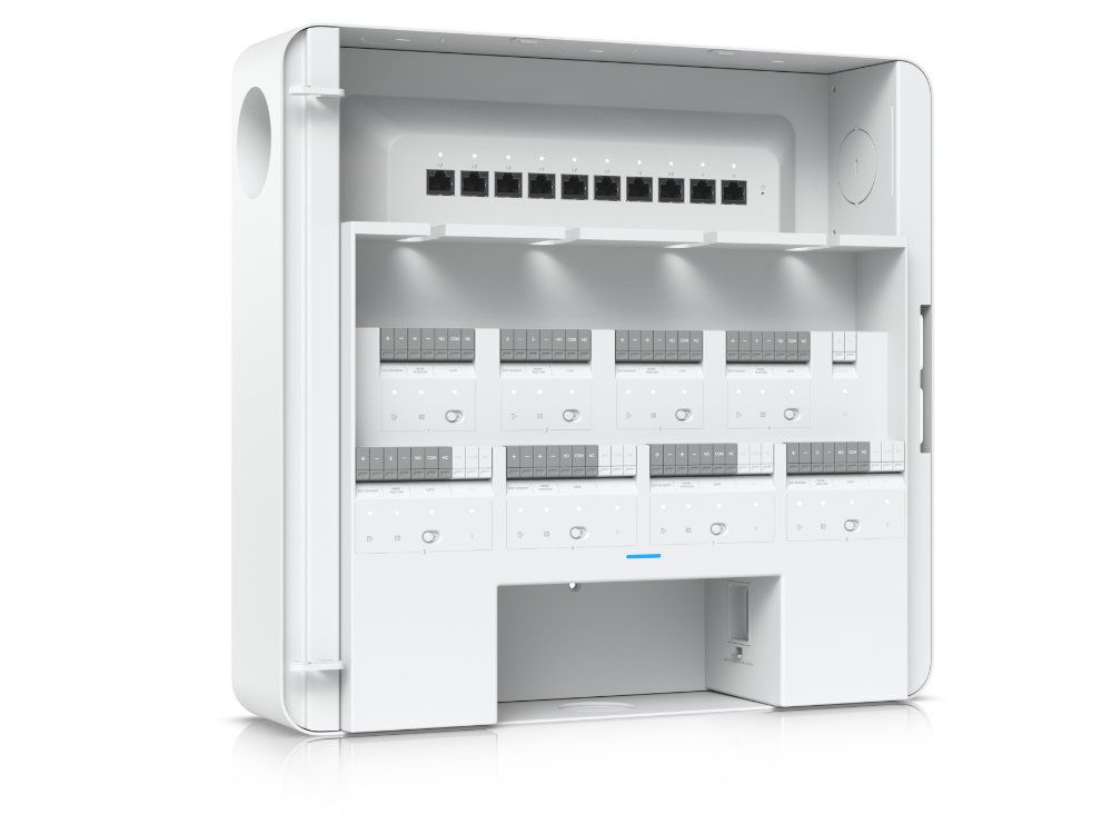 Ubiquiti Enterprise Access Hub, 8 deuren productfoto ethernet en alarm- en toegangsaansluitingen