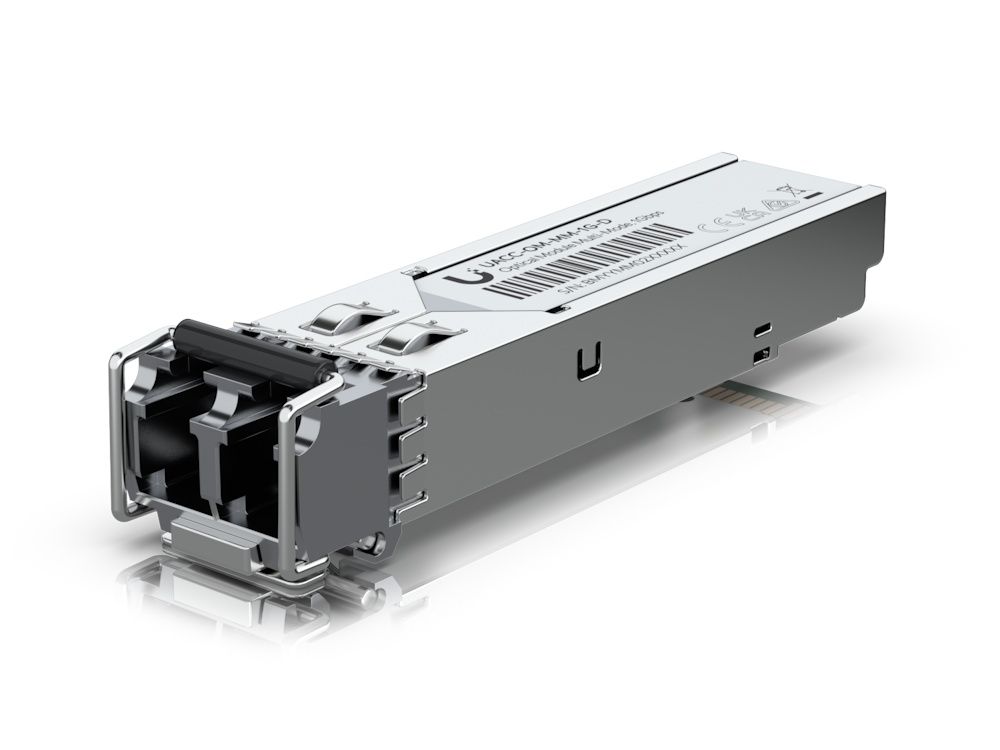 Zijkant en onderkant van de Ubiquiti UACC-OM-MM-1G-D die een 1G Multi-Mode Optical Module is