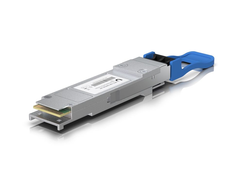 Zijkant en onderkant van de Ubiquiti UACC-OM-QSFP28-LR4 die een 100G LR4 Single-Mode Optical Module is