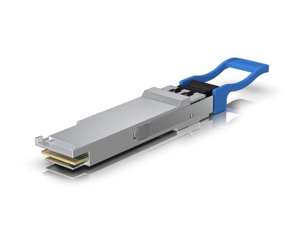 Zijkant en bovenkant van de Ubiquiti UACC-OM-QSFP28-LR4 die een 100G LR4 Single-Mode Optical Module is