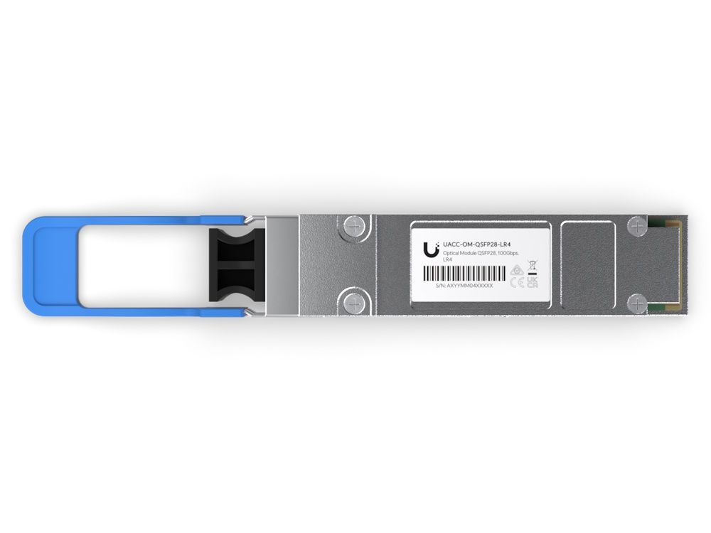 Onderkant van de Ubiquiti UACC-OM-QSFP28-LR4 die een 100G LR4 Single-Mode Optical Module is