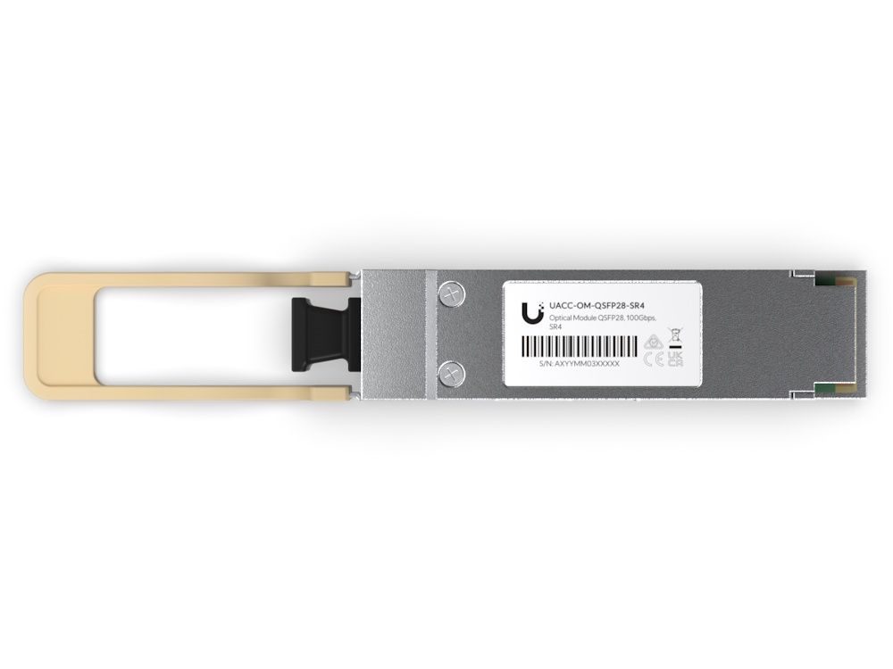 Onderkant van de Ubiquiti UACC-OM-QSFP28-SR4 100G SR4 Multi-Mode Optical Module met productsticker leesbaar