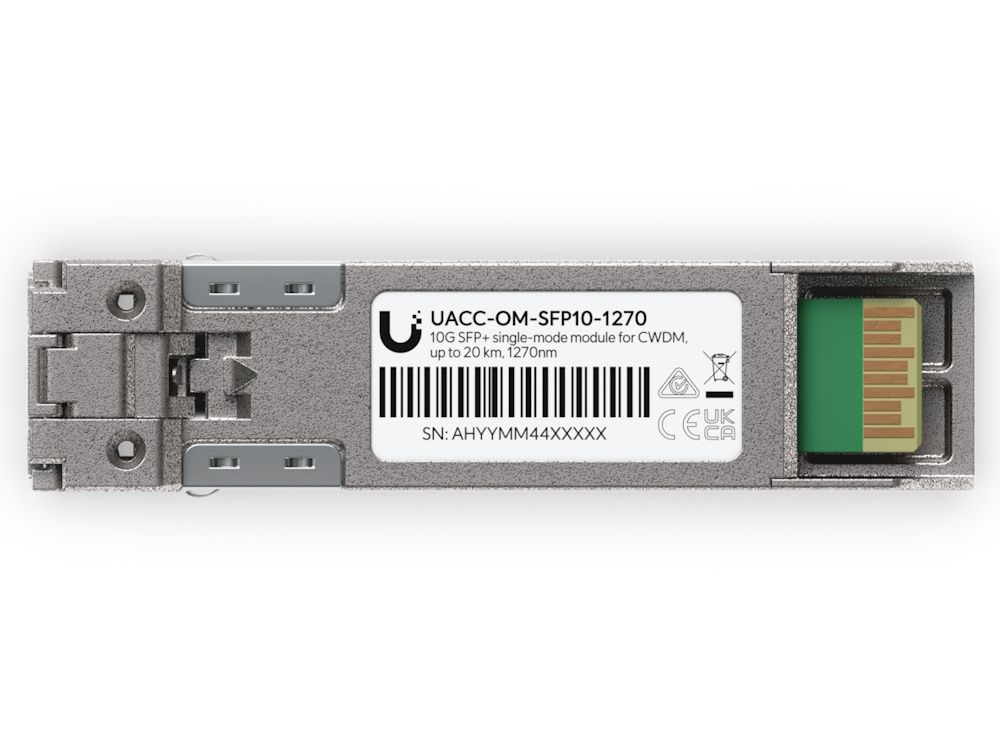 Onderkant van de Ubiquiti 10G CWDM Single-Mode SFP+ Module (UACC-OM-SFP10-1270) met product sticker