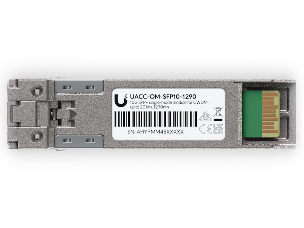 Onderkant van de Ubiquiti 10G CWDM Single-Mode SFP+ Module (UACC-OM-SFP10-1290) met product sticker