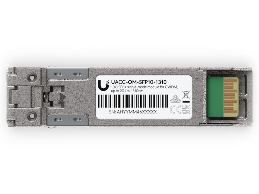 Onderkant van de Ubiquiti 10G CWDM Single-Mode SFP+ Module (UACC-OM-SFP10-1310) met product sticker