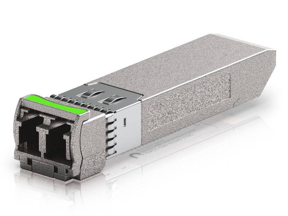 Bovenkant van de Ubiquiti 10G CWDM Single-Mode SFP+ Module (UACC-OM-SFP10-1330) met een lichtgroene markering