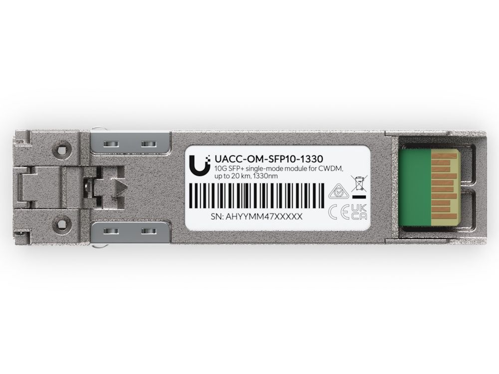 Onderkant van de Ubiquiti 10G CWDM Single-Mode SFP+ Module (UACC-OM-SFP10-1330) met product sticker