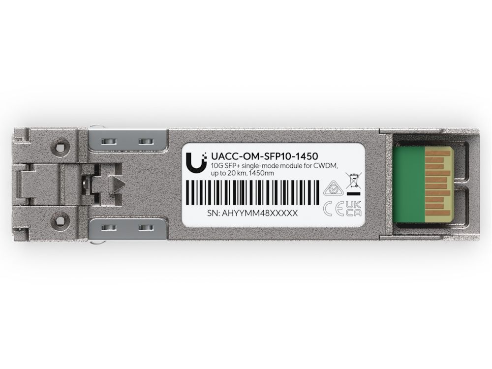 Onderkant van de Ubiquiti 10G CWDM Single-Mode SFP+ Module (UACC-OM-SFP10-1450) met product sticker