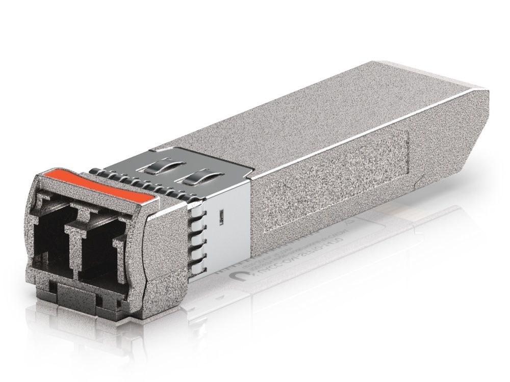 Bovenkant van de Ubiquiti 10G CWDM Single-Mode SFP+ Module (UACC-OM-SFP10-1470) met een oranje markering