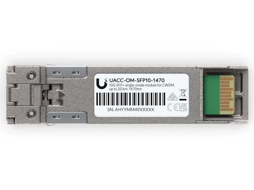 Onderkant van de Ubiquiti 10G CWDM Single-Mode SFP+ Module (UACC-OM-SFP10-1470) met product sticker