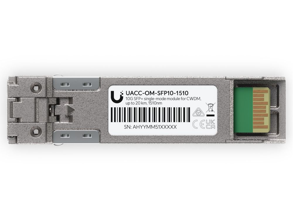 Onderkant van de Ubiquiti 10G CWDM Single-Mode SFP+ Module (UACC-OM-SFP10-1510) met product sticker