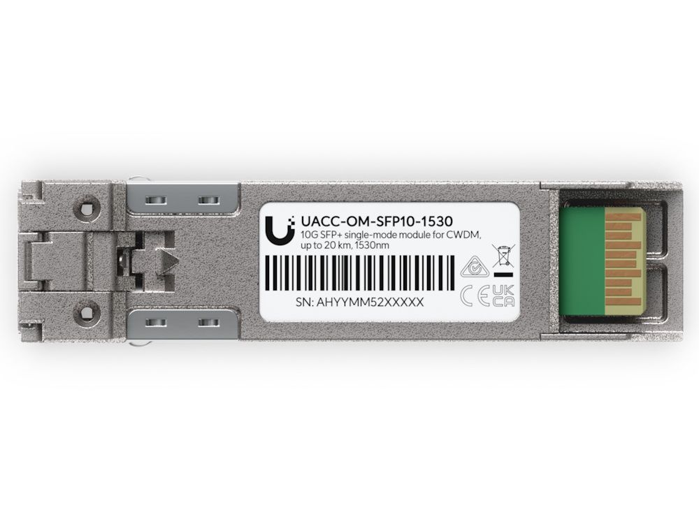 Onderkant van de Ubiquiti 10G CWDM Single-Mode SFP+ Module (UACC-OM-SFP10-1530) met product sticker