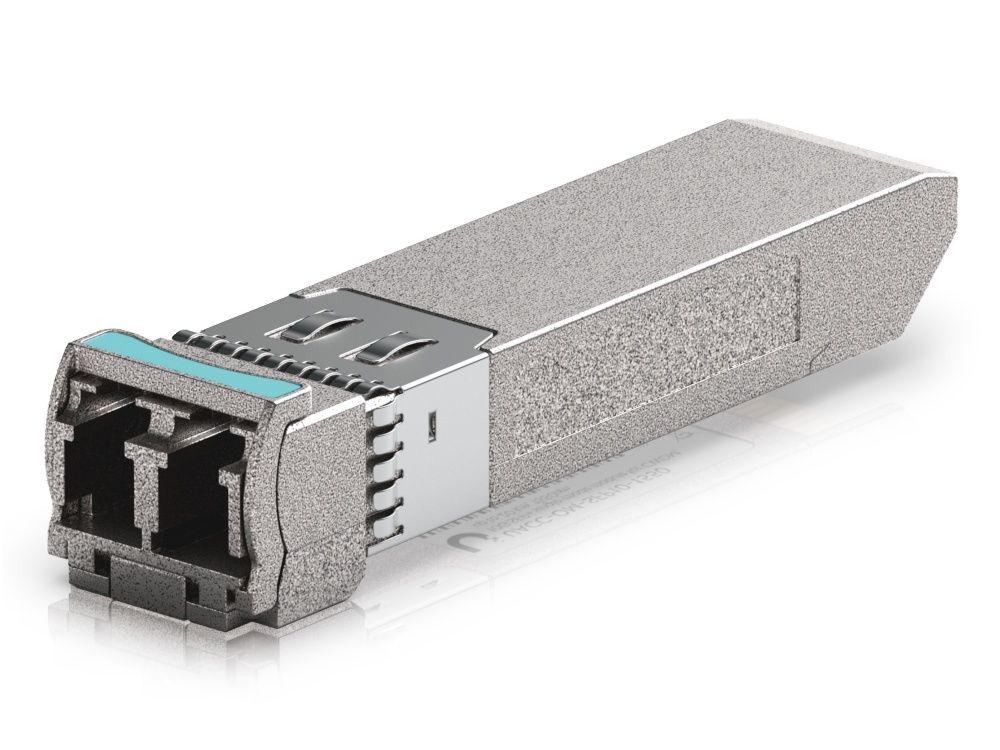 Bovenkant van de Ubiquiti 10G CWDM Single-Mode SFP+ Module (UACC-OM-SFP10-1550) met een lichtblauwe markering