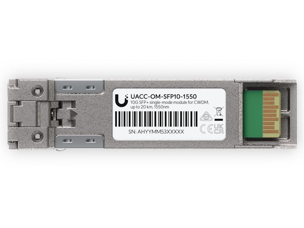 Onderkant van de Ubiquiti 10G CWDM Single-Mode SFP+ Module (UACC-OM-SFP10-1550) met product sticker