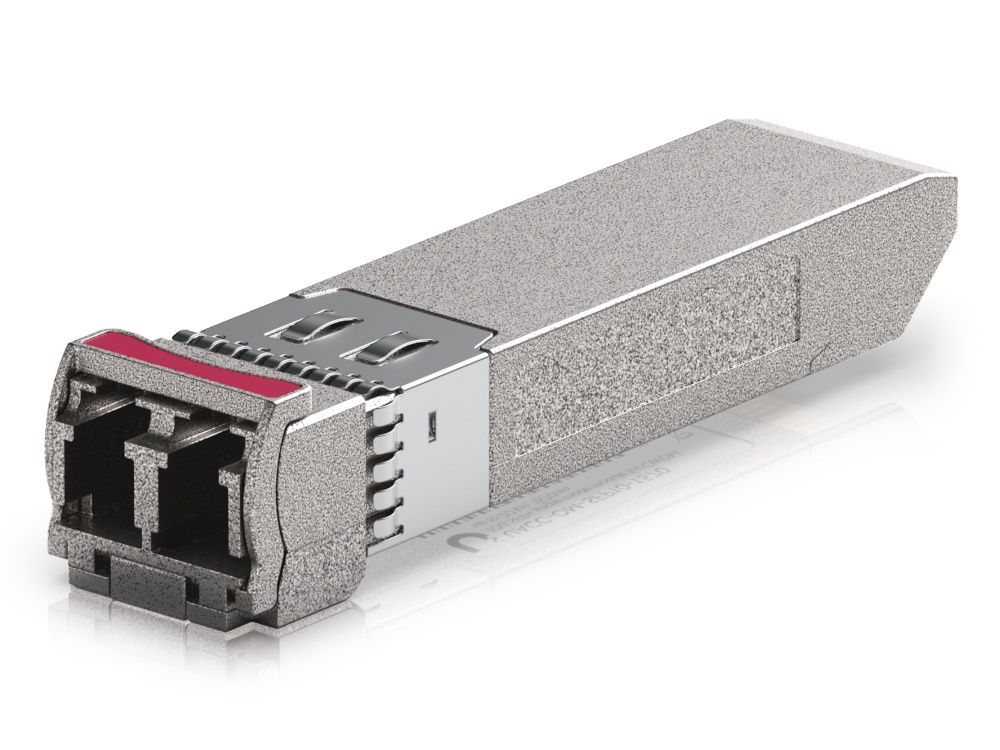 Bovenkant van de Ubiquiti 10G CWDM Single-Mode SFP+ Module (UACC-OM-SFP10-1570) met een donkerroze markering