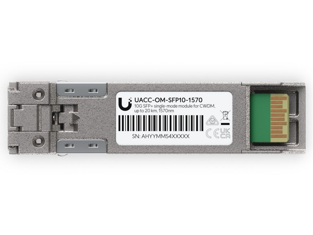 Onderkant van de Ubiquiti 10G CWDM Single-Mode SFP+ Module (UACC-OM-SFP10-1570) met product sticker