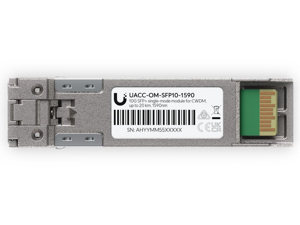 Onderkant van de Ubiquiti 10G CWDM Single-Mode SFP+ Module (UACC-OM-SFP10-1590) met product sticker