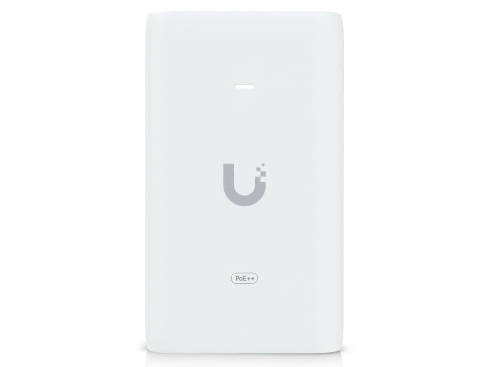 Bovenkant van de Ubiquiti 10G 802.3bt PoE++ adapter 60W met het Ubiquiti logo zichtbaar en PoE++ erop