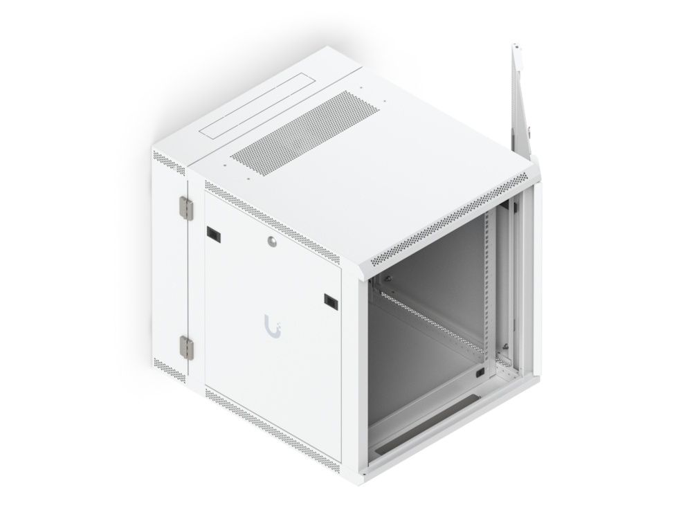 Het Ubiquiti UniFi 12U Rack Cabinet (UACC-Rack-12U-Wall) aan de wand met een open glazen deurtje aan de voorkant