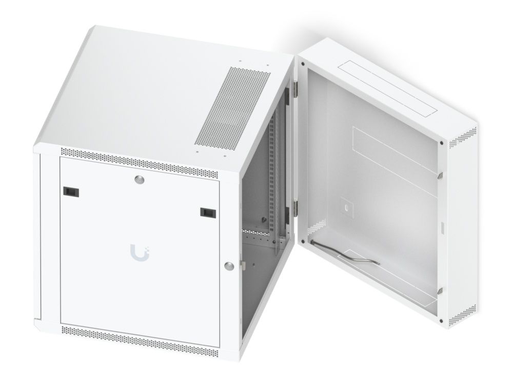 Het Ubiquiti UniFi 12U Rack Cabinet (UACC-Rack-12U-Wall) met open scharnierende achterkant