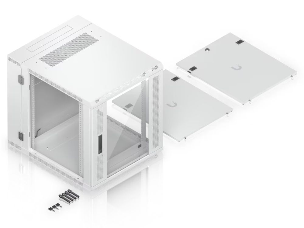Verpakkingsinhoud van de voorgemonteerde Ubiquiti UniFi 12U Rack Cabinet (UACC-Rack-12U-Wall)