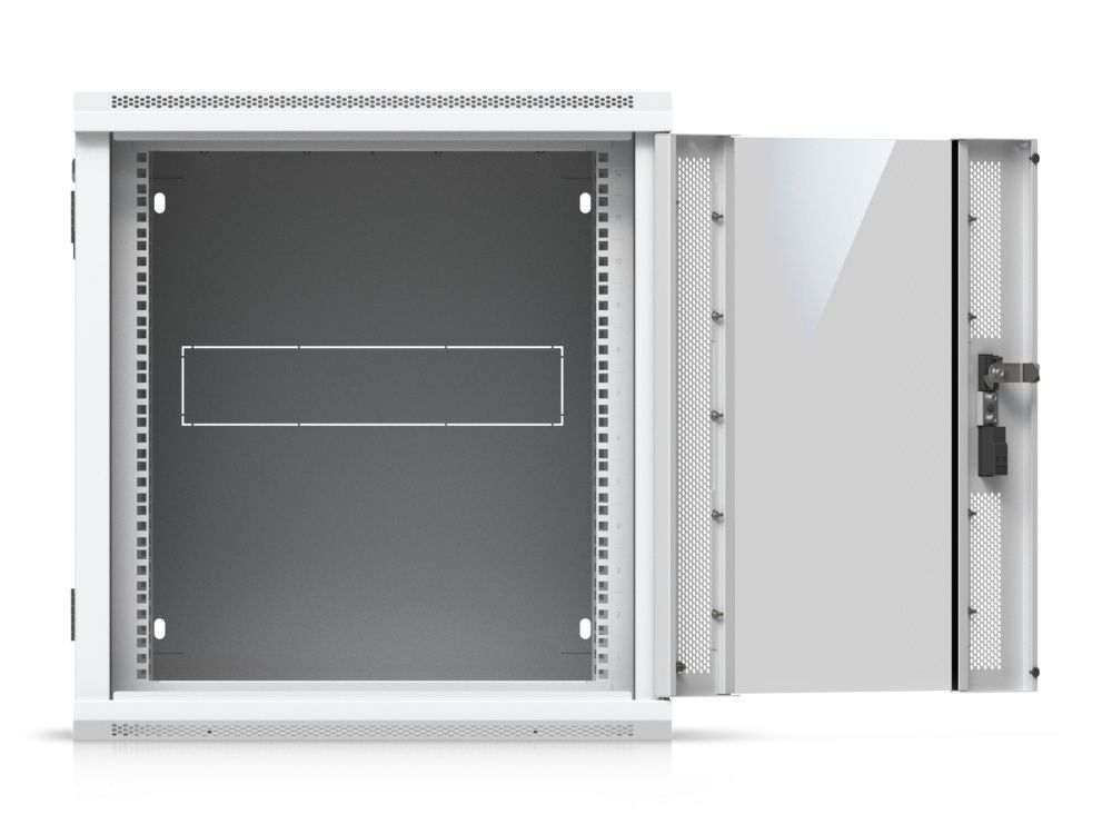 Voorkant van het Ubiquiti UniFi 12U Rack Cabinet (UACC-Rack-12U-Wall) met de glazen deur open