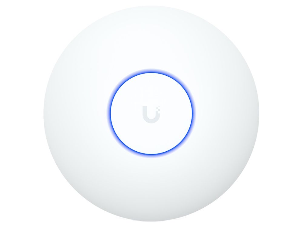 Voorkant van het compacte Ubiquiti UniFi 7 Lite indoor WiFi 7 access point met Ubiquiti logo