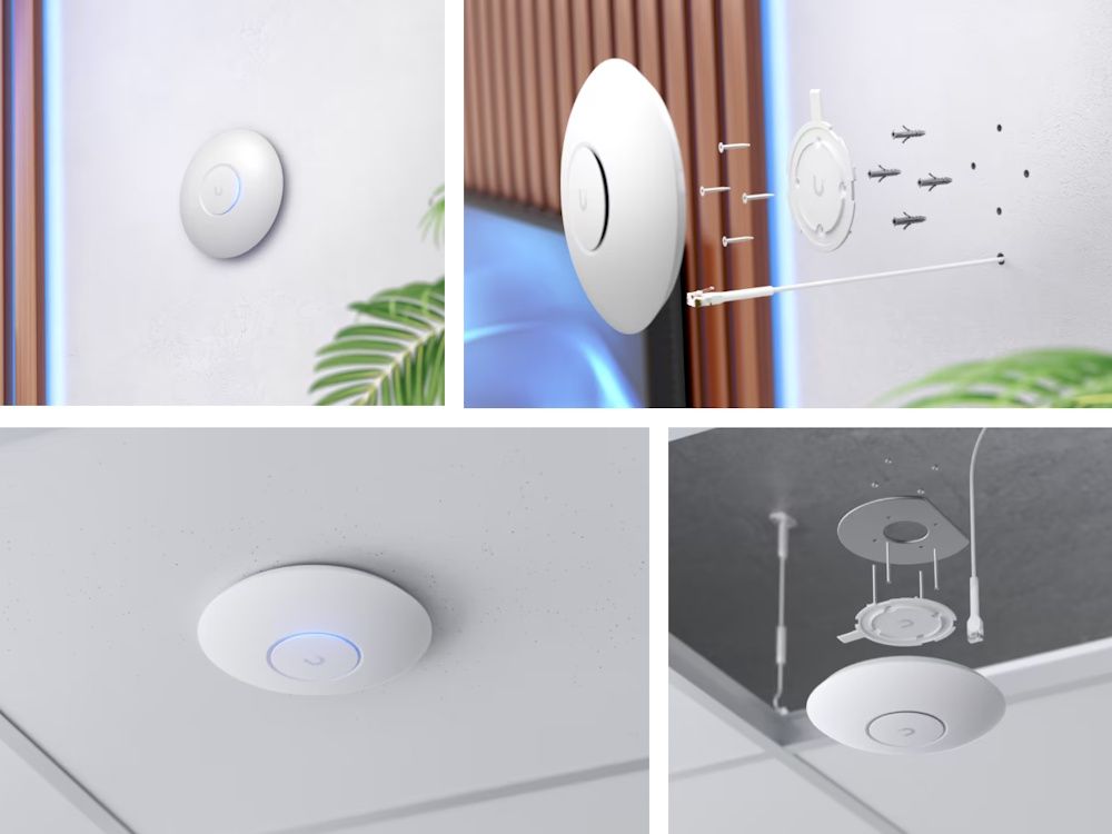 Sfeerfoto waarbij het compacte Ubiquiti UniFi 7 Lite indoor WiFi 7 access point gemonteerd wordt aan de muur en wordt geïnstalleerd aan het plafond.