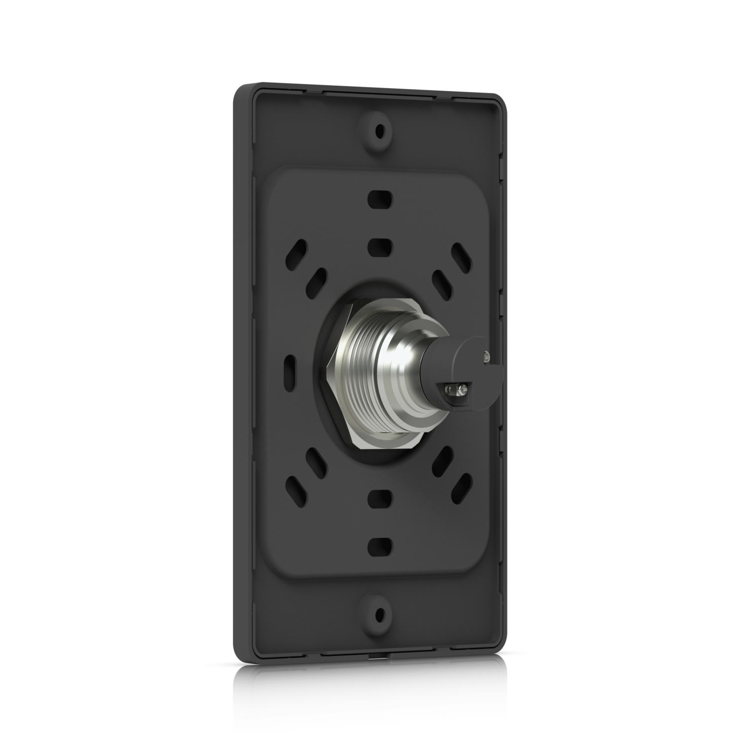 De Ubiquiti UniFi Access Button met zwarte frontplaat schuin van achter