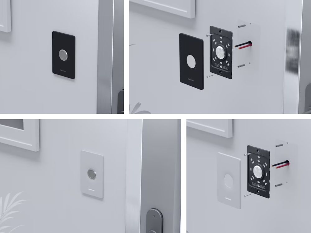 Installatievoorbeeld van de Ubiquiti UniFi Access Button met zwarte of witte frontplaat