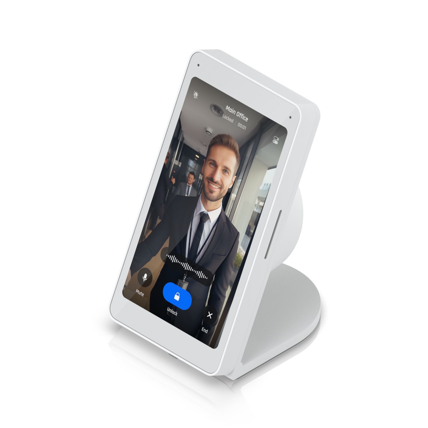 De Ubiquiti Intercom Viewer Table Stand met daarop de Ubiquiti UniFi Access Intercom Viewer