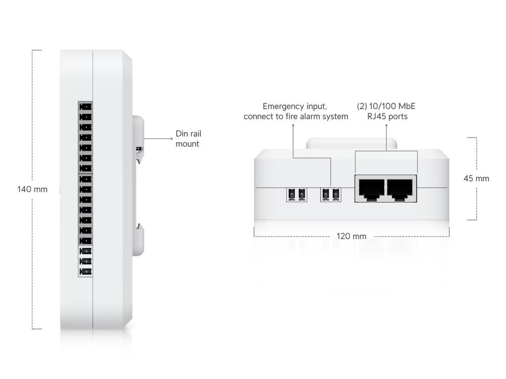 Specificaties met afmetingen en poorten van de Ubiquiti UniFi Access Retrofit Hub voor Wiegand en UniFi Retrofit Readers