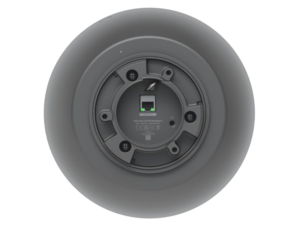 Onderkant vande Ubiquiti AI PTZ Precision (UVC-AI-PTZ-Precision-B) PTZ camera met 31x optische zoom met PoE++ ethernetpoort