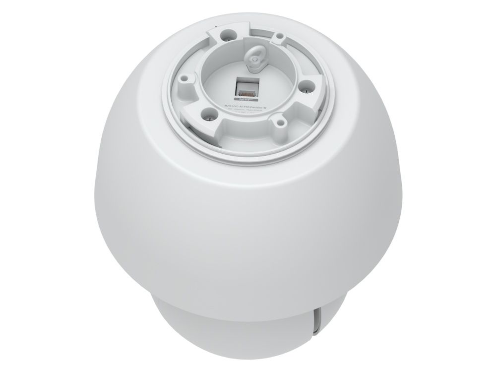 Schuin de onderkant van de Ubiquiti AI PTZ Precision (UVC-AI-PTZ-Precision-W) PTZ camera met 31x optische zoom