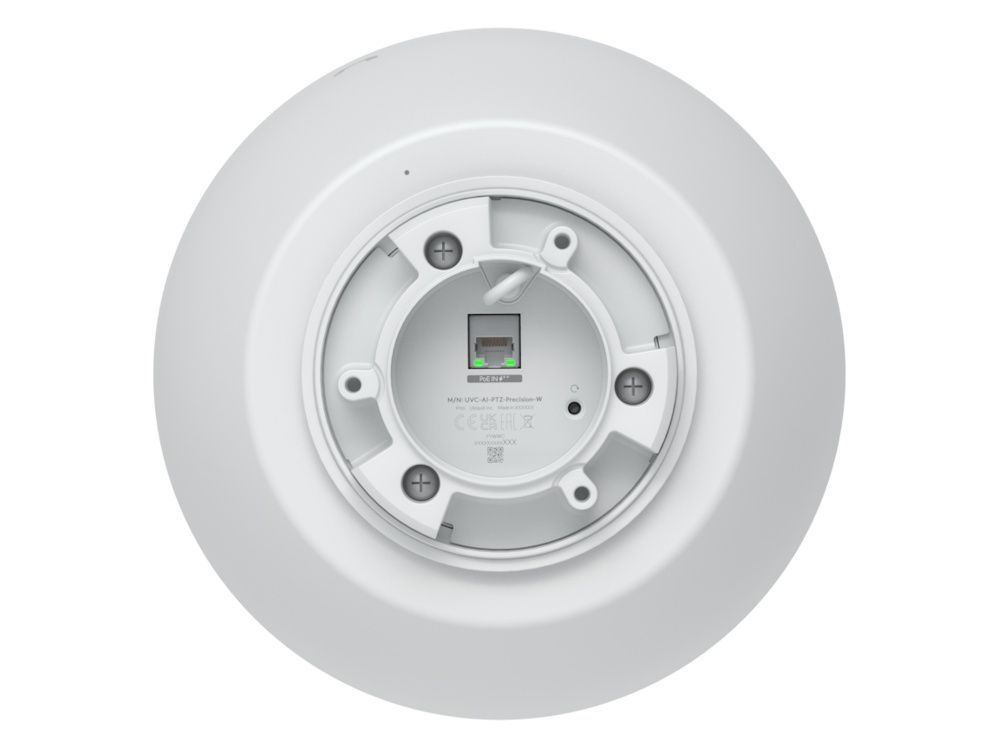Onderkant vande Ubiquiti AI PTZ Precision (UVC-AI-PTZ-Precision-W) PTZ camera met 31x optische zoom met PoE++ ethernetpoort