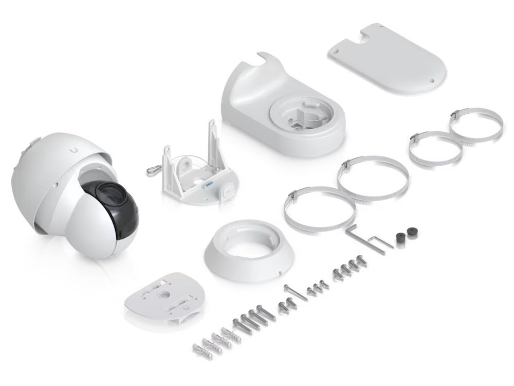 Verpakkingsinhoud van de Ubiquiti AI PTZ Precision (UVC-AI-PTZ-Precision-W) PTZ camera met 31x optische zoom