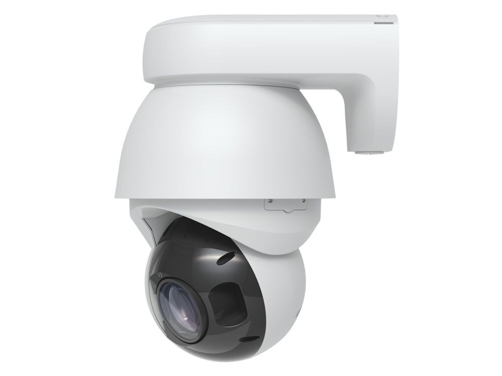 De Ubiquiti AI PTZ Precision (UVC-AI-PTZ-Precision-W) PTZ camera met muurbeugel gemonteerd