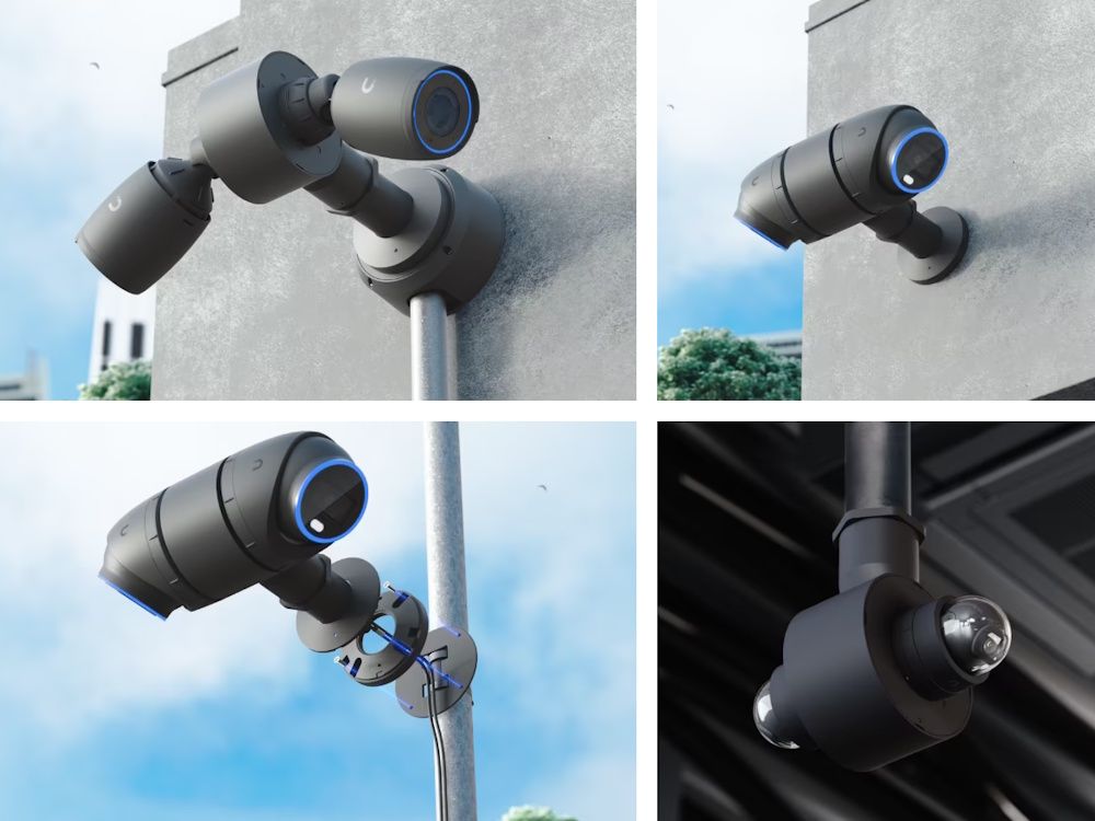 Verschillende camera's geïnstalleerd en gemonteerd met een Ubiquiti Camera Dual Mount Black (UACC-Camera-DM-B)