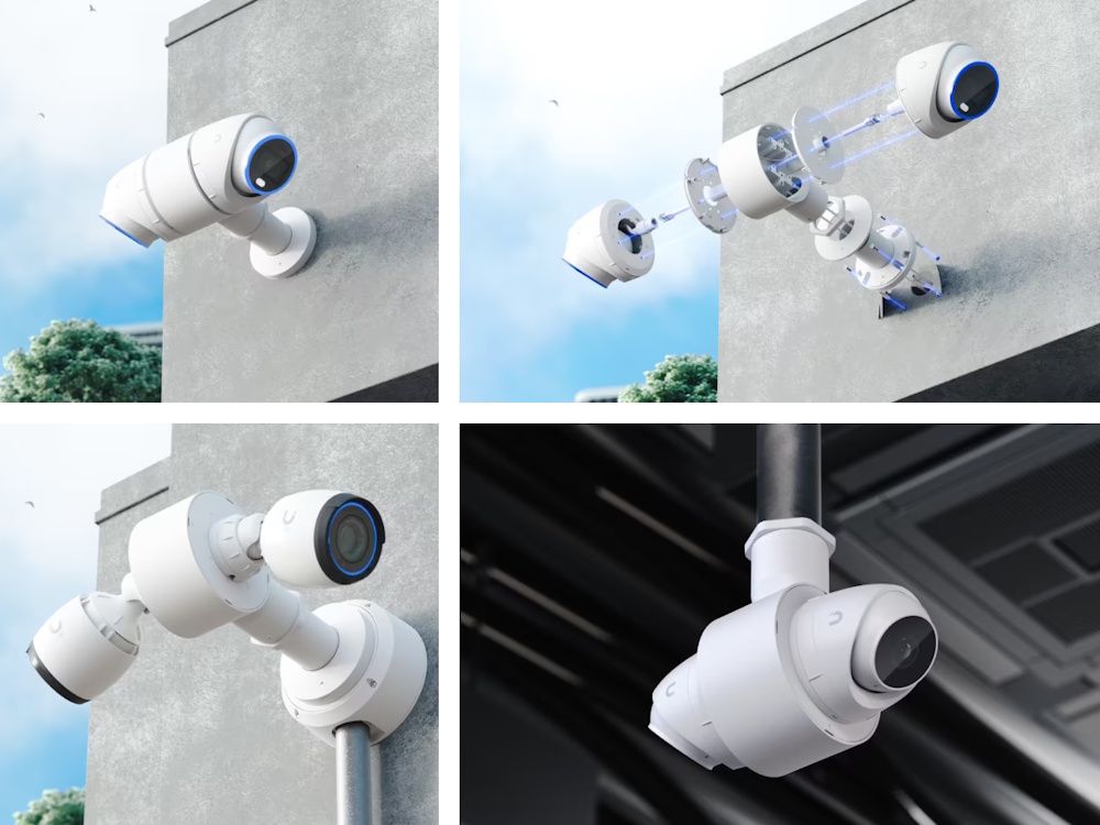 Verschillende camera's geïnstalleerd en gemonteerd met een Ubiquiti Camera Dual Mount White (UACC-Camera-DM-W)