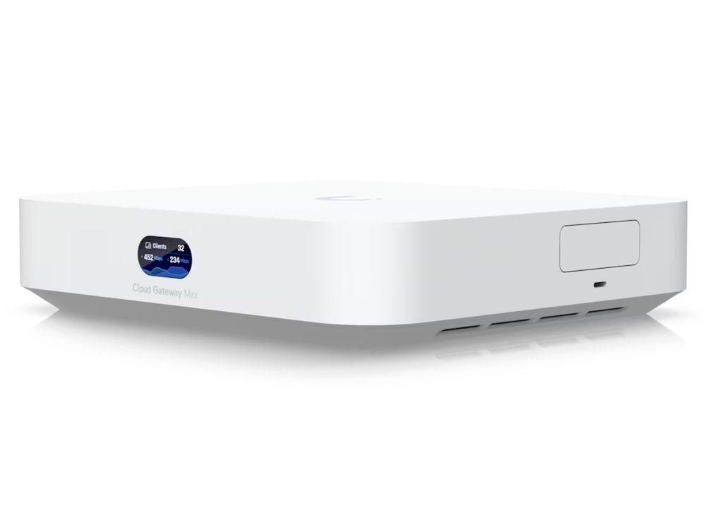 Voorkant en zijkant van de Ubiquiti UniFi Cloud Gateway Max router