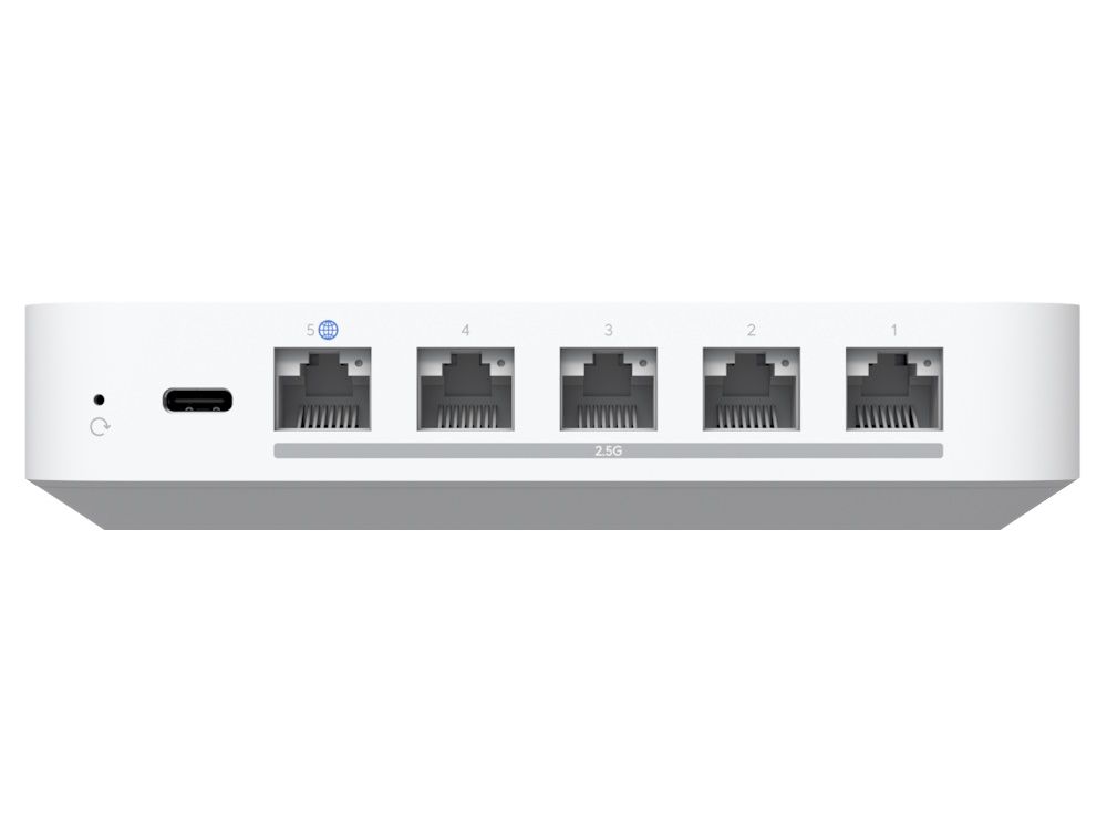 Ubiquiti UniFi Cloud Gateway Max achterkant met 5 RJ45 poorten