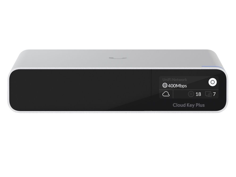 Voorkant van de Ubiquiti UniFi CloudKey Gen2 Plus met 1 TB SSD en display