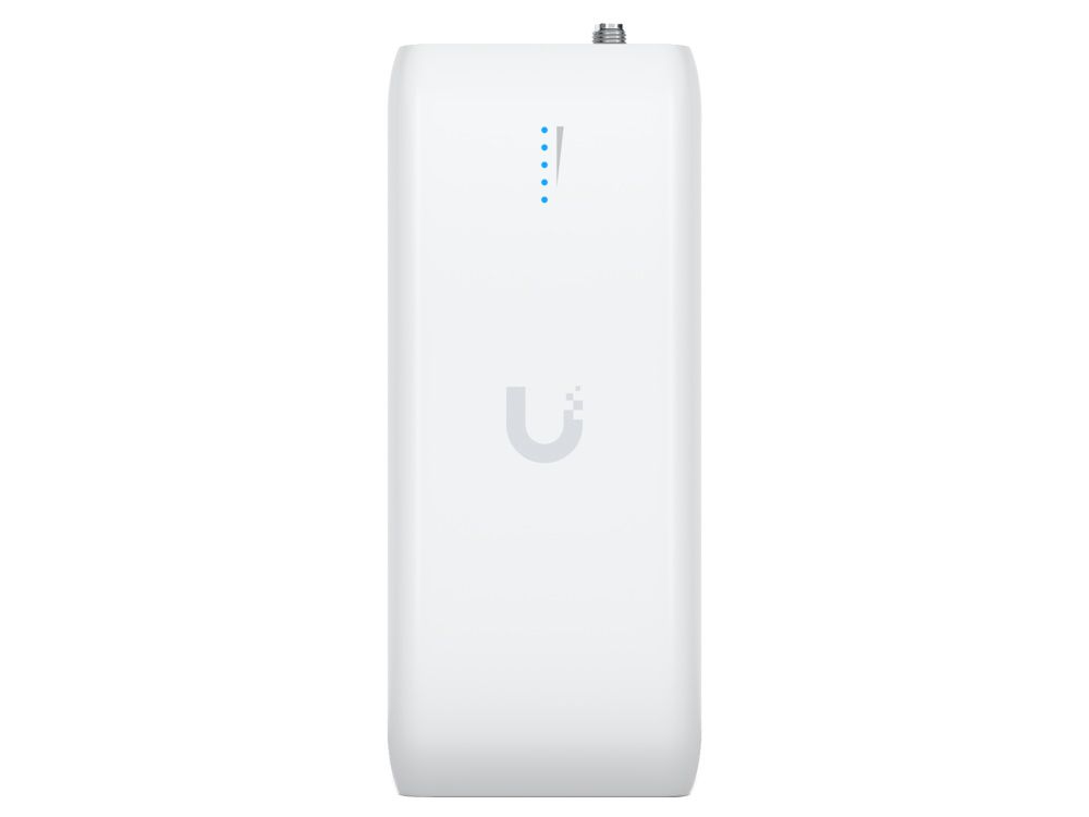 Voorkant van de Ubiquiti UniFi Device Bridge met een Ubiquiti logo en RP-SMA antenneconnector aan de bovenkant