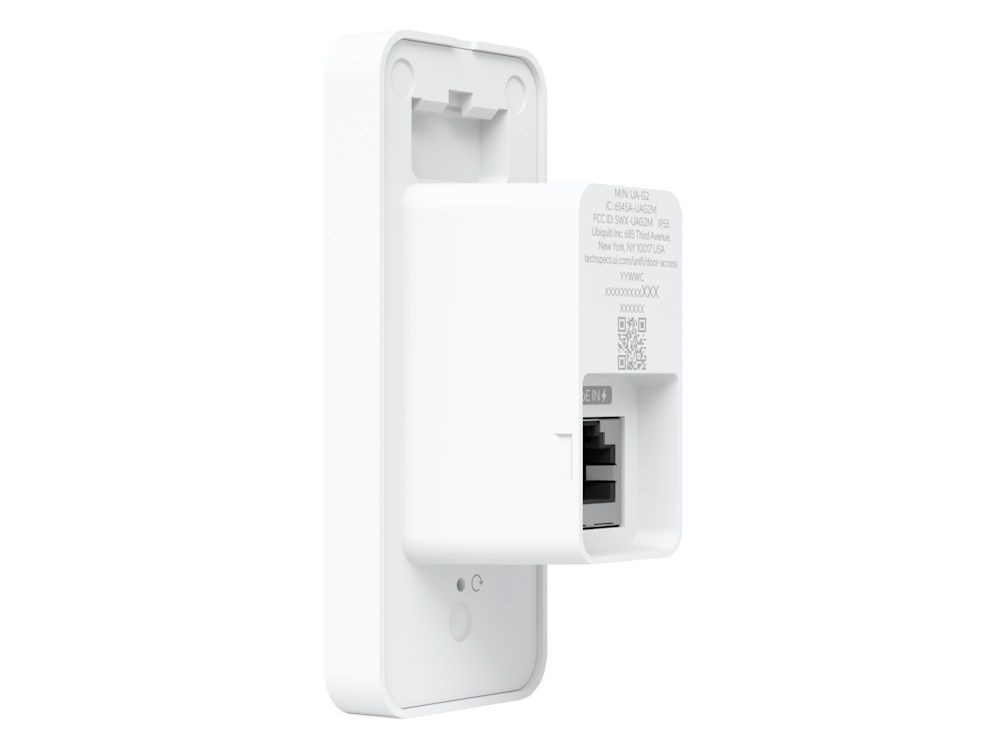 Zijkant en achterkant van de Ubiquiti UniFi G2 Reader NFC kaartlezer voor toegangscontrole met inbouwbeugel