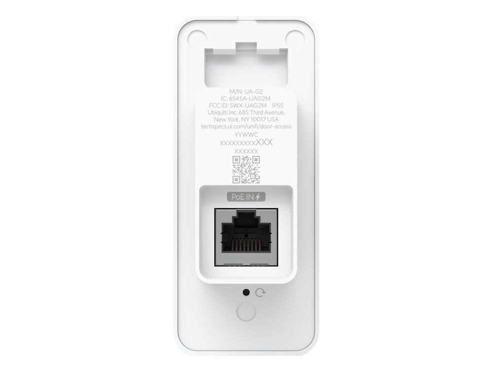 Achterkant van de Ubiquiti UniFi G2 Reader NFC kaartlezer voor toegangscontrole met ethernetpoort voor PoE voeding via UniFi Access Hub