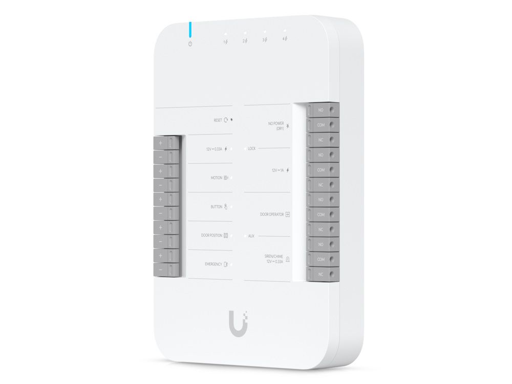 Zijkant en voorkant van de Ubiquiti UniFi Door Hub als onderdeel van de Ubiquiti UniFi G3 Starter Kit Pro