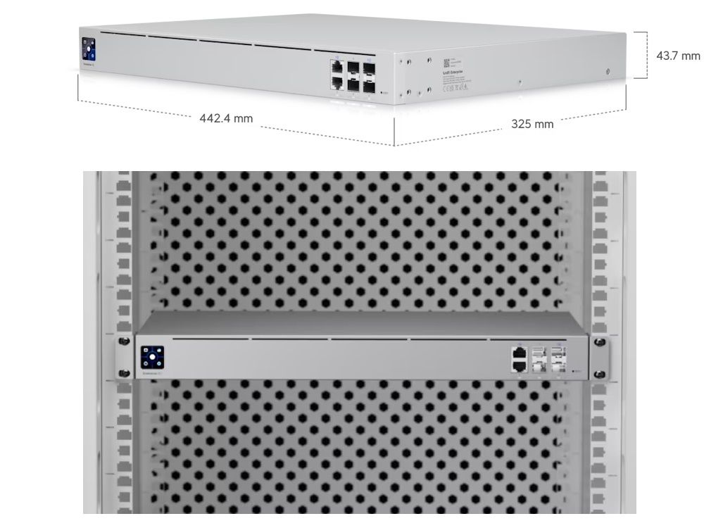 Afmetingen van de Ubiquiti UniFi Next-generation Gateway Enterprise en de gateway geplaatst in een serverrack